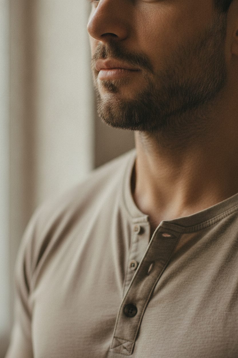 A bearded man in a grey henley, in profile. Illustrative image — not a patient.