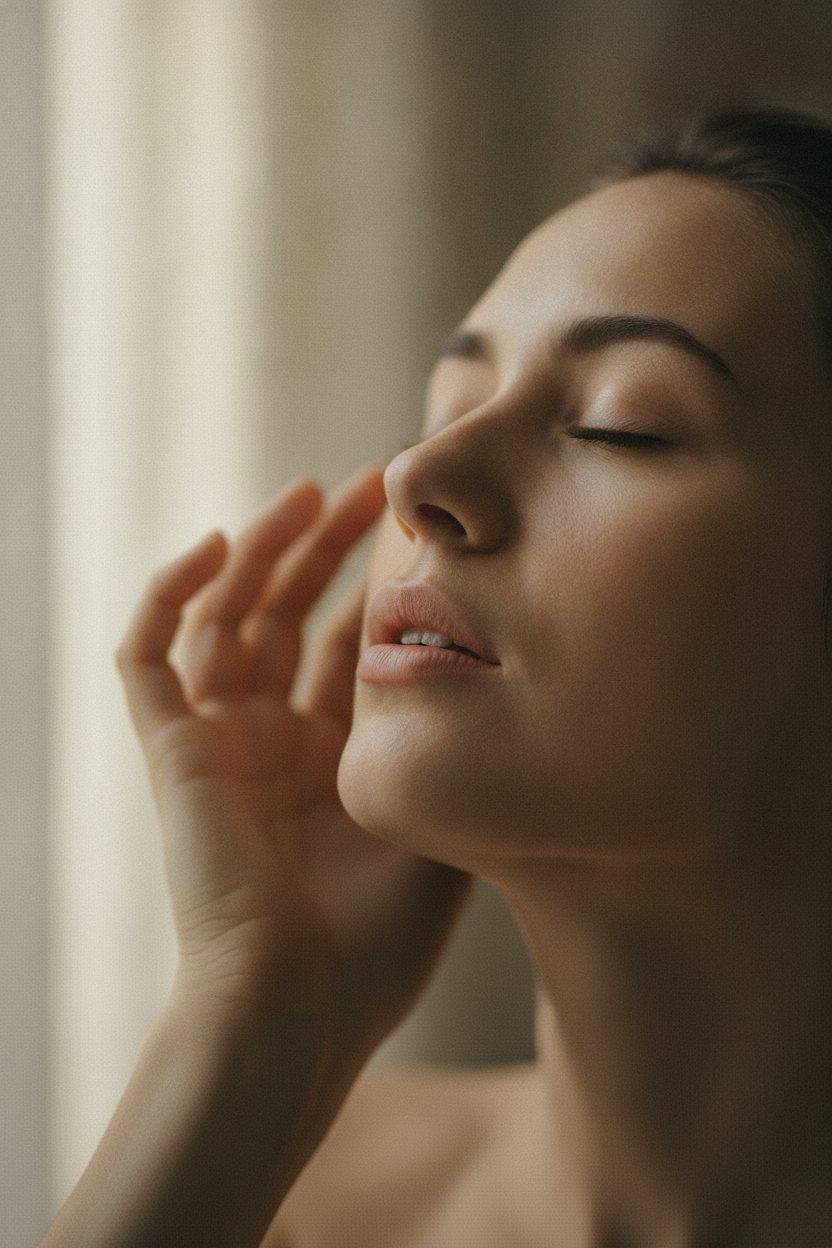A woman with her eyes closed and a hand at her temple. Illustrative image — not a patient.